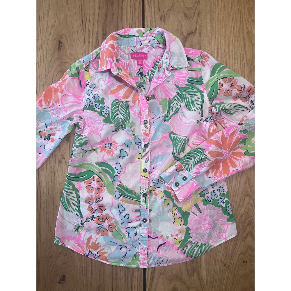 Lilly Pulitzer for Target Floral Button Down Shirt Womens XS Pink Green Preppy